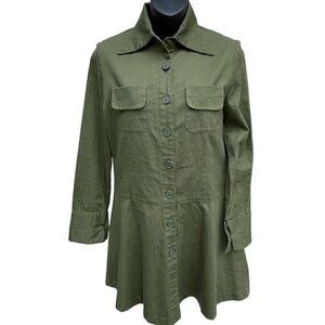 VTG Barbies Long Sleeve Button Up Tunic Top Military Green Women’s S/M Minidress